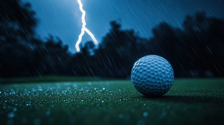 A dramatic scene featuring a golf ball on a rain-soaked grass surface during a lightning storm at night, capturing intense weather conditions and emotions.の素材