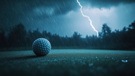 A striking image of a golf ball resting on a wet green under an ominous stormy sky. Lightning flashes in the background, creating a dramatic atmosphere.の素材