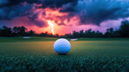 A close-up view of a golf ball resting on lush green grass as dramatic lightning illuminates the stormy sky, creating a striking and vivid scene.の素材