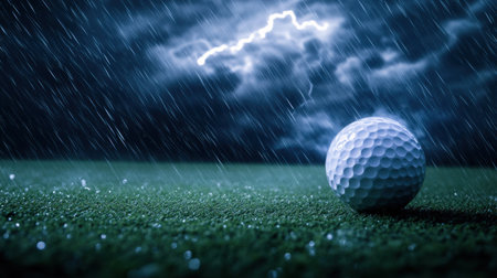 A dramatic scene of a single golf ball sitting on green grass under a stormy sky illuminated by flashes of lightning. The rain adds intensity, creating a striking visual.の素材