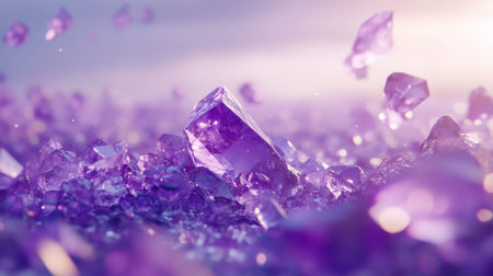 Stunning image of purple crystals scattered on a shimmering surface under soft light. Perfect for showcasing elegance, beauty, and nature and decoration themes.の素材