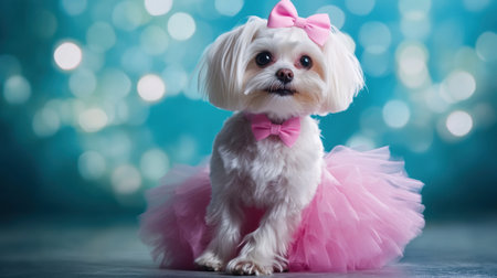 This charming small dog wears a fluffy pink tutu and a stylish bow, creating a delightful portrait. The backdrop of sparkling lights adds a magical touch to the scene.の素材