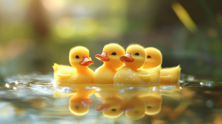 A charming scene featuring cute yellow rubber ducks floating serenely on a calm pond. The soft reflections and gentle sunlight create a joyful atmosphere, perfect for conveying innocence and fun.の素材