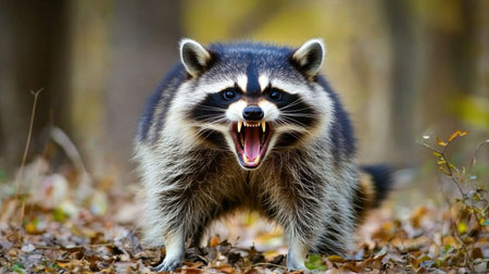 A striking image of an aggressive raccoon showing its teeth in a forest setting. The animal's fur and expression emphasize its wild nature amidst colorful autumn leaves.の素材