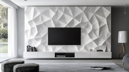 A modern living room featuring a stylish geometric wall design and a sleek television unit. The space blends comfort and elegance with minimalistic decor.の素材