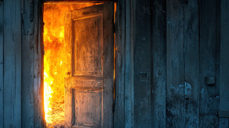 An intense scene of fire bursting through an open door, illuminating a dark room with vivid flames and an aura of danger, highlighting themes of destruction and urgency.の素材
