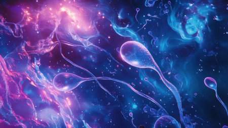 This vibrant abstract background features fluid organic shapes, glowing colors, and a surreal atmosphere, ideal for creative projects or artistic inspiration.の素材