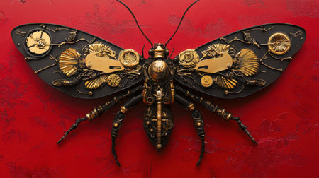 This stunning steampunk moth sculpture showcases intricate mechanical details and a captivating design against a vibrant red background, perfect for art lovers.の素材