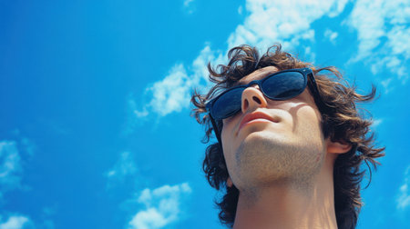 A young man wearing stylish sunglasses looks upward, enjoying a sunny day with a vibrant blue sky and fluffy clouds, capturing a moment of leisure and tranquility.の素材