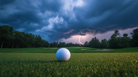 An isolated golf ball on a lush green course under a dramatic stormy sky with lightning in the distance, showcasing the intensity of nature and sports.の素材