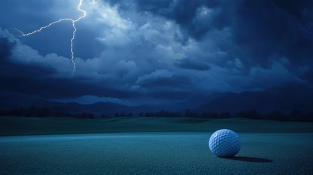 Dramatic scene of a golf ball resting on a green with ominous clouds and striking lightning illuminating the landscape, capturing a moment of tension in nature.の素材