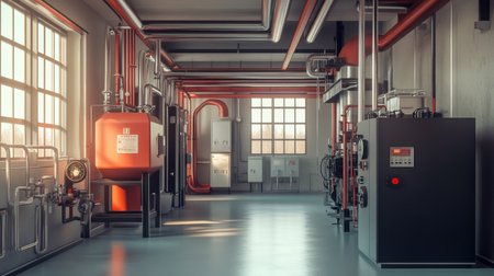 View of a modern industrial boiler room featuring pipes, machinery, and equipment. Bright natural light illuminates the clean workspace, showcasing advanced technology.の素材