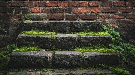 A captivating view of moss-covered stone steps leading up to a textured brick wall, showcasing nature's beauty in outdoor architecture.の素材