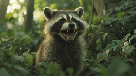 A captivating close-up of a raccoon displaying its teeth amidst lush greenery. The fierce expression highlights its wild nature in a vibrant forest setting.の素材