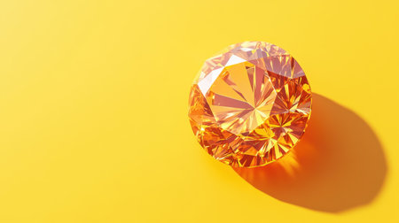 A stunning orange gemstone sparkles on a bright yellow background, showcasing intricate facets and the interplay of light and shadow, perfect for luxury themes.の素材