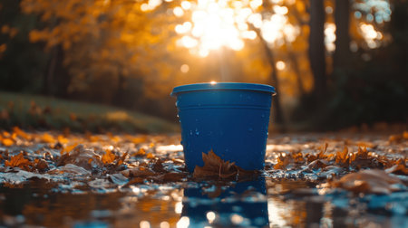 A vibrant blue bucket rests in tranquil water, surrounded by colorful autumn leaves. The warm sunlight filters through trees, creating a serene and picturesque scene.の素材