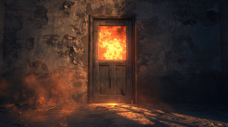 A striking wooden door stands ajar, surrounded by vivid flames and smoke, creating an intense atmosphere of danger and mystery in a dark, abandoned space.の素材