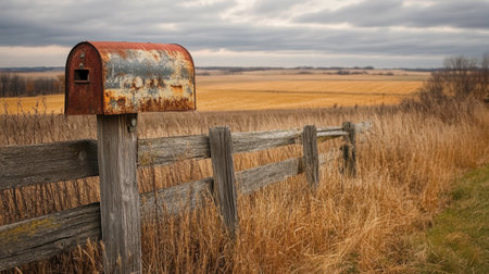 A rustic mailbox stands by a weathered fence, overlooking expansive golden fields under a cloudy sky, capturing the essence of rural tranquility and nature's beauty.の素材