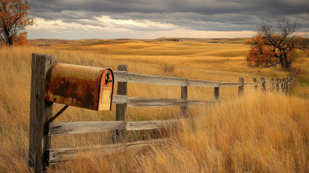 A picturesque rustic mailbox stands by a weathered wooden fence in a golden prairie landscape under dramatic clouds, evoking a sense of peace and nostalgia.の素材