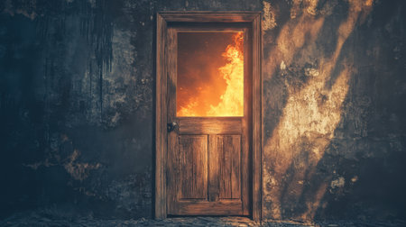 A weathered wooden door stands ajar, revealing a fiery blaze beyond in a dark, grunge interior. The scene evokes feelings of danger and mystery, with a striking contrast between light and shadow.の素材