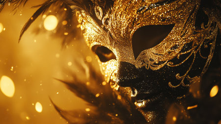 A mesmerizing close-up of a golden mask adorned with intricate glittering designs, capturing the essence of mystery and elegance in festival celebrations.の素材