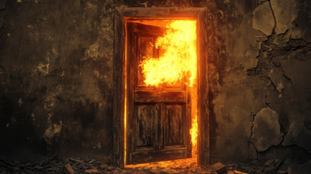 A dramatic image of a burning door with flames bursting from the frame, highlighting the destructive power of fire in an abandoned space.の素材