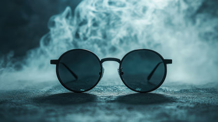 A stylish pair of black round sunglasses sits against a smoky background, highlighting their unique design and modern aesthetic for trendy fashion enthusiasts.の素材