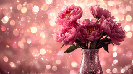 A beautiful arrangement of pink peonies in a sparkling vase, set against a soft bokeh background. This image evokes feelings of elegance and warmth, perfect for decoration.の素材