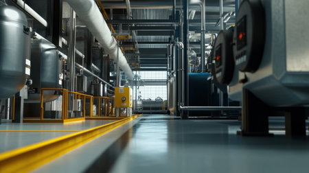 Detailed view of a modern industrial factory showcasing various machinery and equipment in an organized environment, highlighting innovation and efficiency.の素材