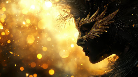 A stunning profile of a woman wearing a luxurious golden mask, surrounded by shimmering lights and a dramatic background, capturing an enchanting atmosphere of elegance and mystery.の素材