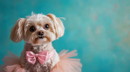 A charming small dog wearing a pink tutu and bow tie poses against a soft blue background. The dog's adorable expression captures the heart, perfect for pet lovers.の素材