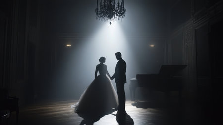 A stunning silhouette of a romantic couple standing together in soft, mysterious lighting at an elegant venue, highlighting their love and perfect moment.の素材