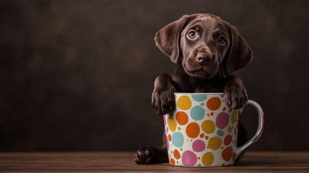 An adorable brown puppy peeks over a colorful mug, expressing curiosity and charm. The scene features a wooden surface and a soft background, perfect for warmth and joy.の素材