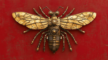 This stunning metallic bee sculpture features intricate details and a vibrant red backdrop, blending nature and art in a unique decorative piece, perfect for modern spaces.の素材