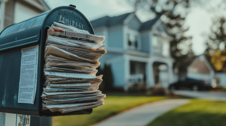 A close-up view of an overflowing mailbox filled with newspapers located in a peaceful suburban neighborhood. The image captures a serene outdoor atmosphere.の素材
