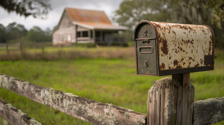 A rustic mailbox stands prominently near a weathered fence, set against a charming farmhouse under a moody, cloudy sky. The beautiful rural scenery captures the essence of country life.の素材