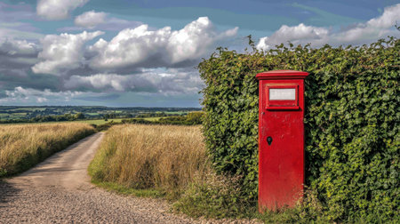 A vibrant red post box stands proudly beside a lush green hedge, with a scenic rural road winding through golden fields under a dramatic sky.の素材