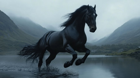 A stunning black horse runs gracefully through a misty mountain lake, showcasing its power and beauty against a tranquil natural backdrop.の素材