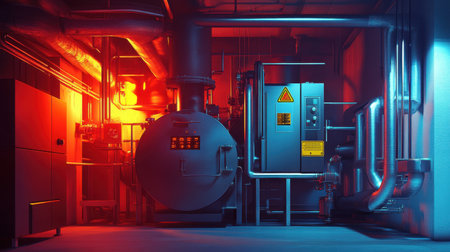 An industrial scene featuring advanced machinery in a dimly lit mechanical room. The setup highlights the complexity of modern systems and engineering design.の素材