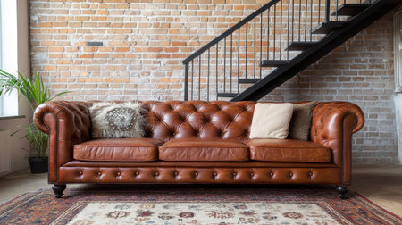 A stylish brown leather sofa complements a modern industrial living room, featuring a warm atmosphere with natural light and a textured brick wall backdrop.の素材
