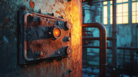 This image showcases a rusty industrial valve illuminated by warm light in an abandoned factory, highlighting intricate texture and decay in an atmospheric setting.の素材