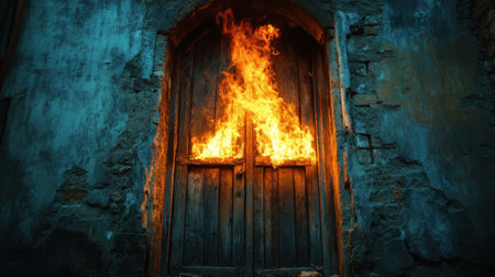 An intense blaze bursts from an old wooden door in a decaying building, casting dramatic shadows and illuminating the surrounding darkness.の素材