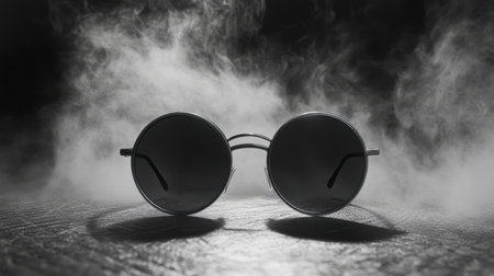 A striking pair of round sunglasses emerges from swirling smoke, set against a dark background. This artistic capture emphasizes style and elegance, perfect for fashion-related themes.の素材