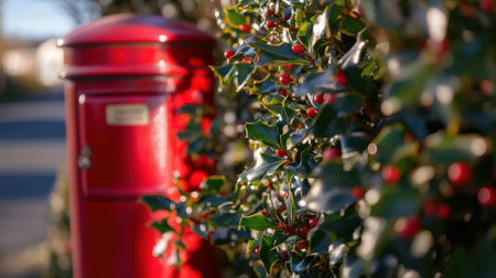 A picturesque scene featuring a vintage red mailbox nestled among vibrant holly leaves and berries, evoking a charming holiday atmosphere in daylight.の素材