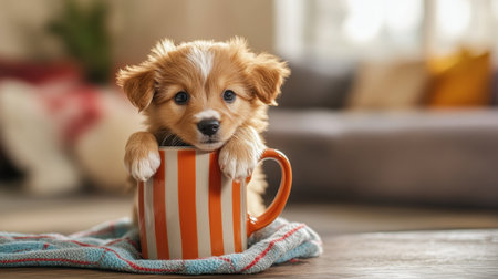 A playful puppy peeks out of a striped orange mug, creating a heartwarming scene. The cozy indoor atmosphere adds charm and comfort to this adorable moment.の素材