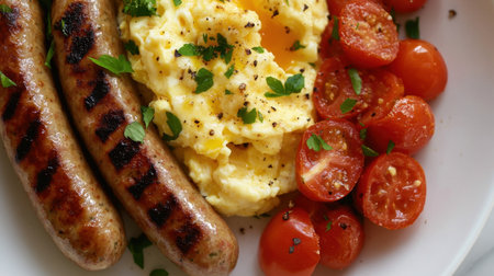 A vibrant breakfast plate featuring savory sausages, fluffy scrambled eggs, and roasted cherry tomatoes, garnished with fresh herbs. Ideal for morning enjoyment.の素材