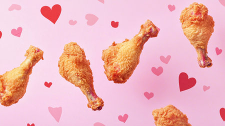 A vibrant arrangement of crispy fried chicken drumsticks on a pink background adorned with hearts, perfect for food lovers and celebrations of love.の素材