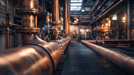A captivating close-up of industrial copper pipes in a vintage factory setting, showcasing intricate designs and machinery that highlight industrial craftsmanship and engineering.の素材