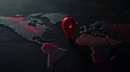 A striking image featuring a red location pin positioned on a dark world map. Ideal for themes of travel, navigation, and exploration, this visual represents modern connectivity and geographic discovery. Perfect for travel websites and planning tools.の素材