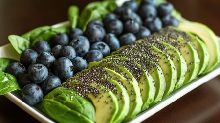 A vibrant display of fresh avocado slices, surrounded by juicy blueberries and crisp spinach leaves, perfect for a healthy snack or colorful meal.の素材